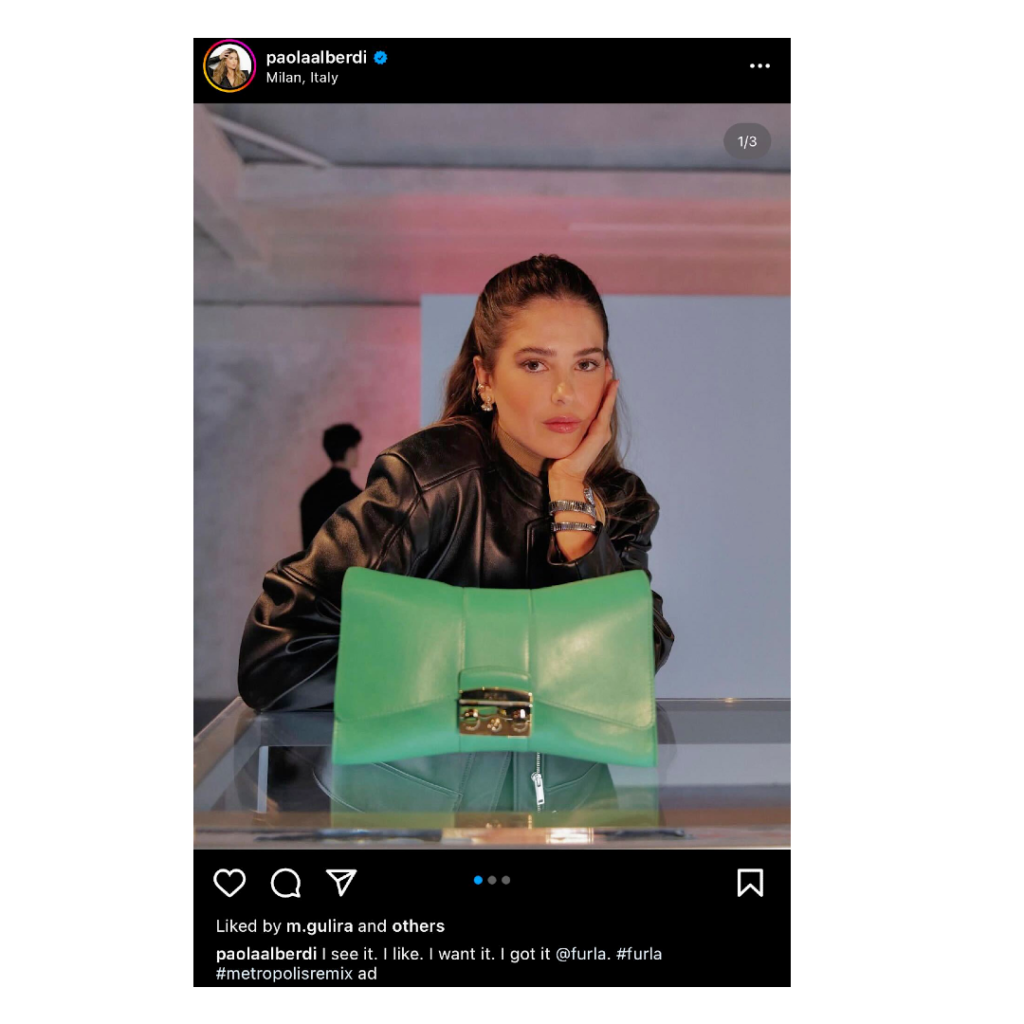 Influencer, Paola Alberdi, posing with a green purse. Her caption tags the brand Furla and clearly states it's an "ad"