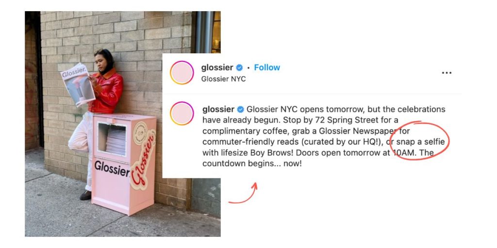 A micro-influencer posing with Glossier props. Glossier reposted the image to inspire their audience to "snap a selfie" at their new NYC location
