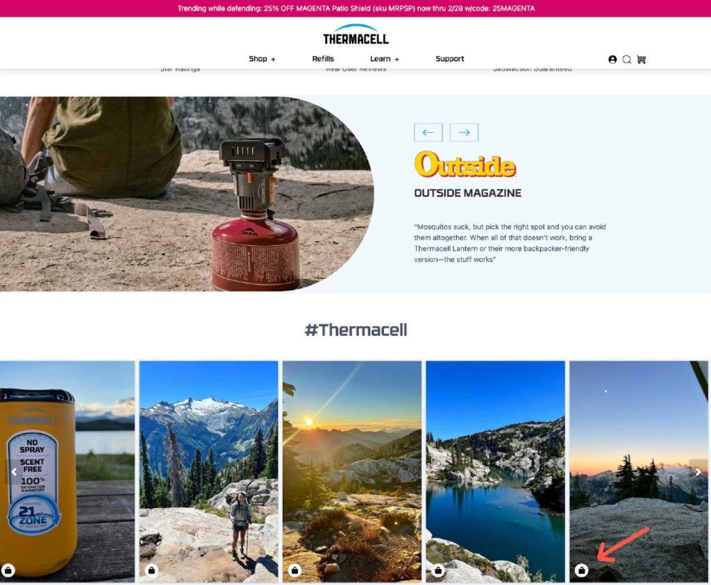 Thermacell homepage showing a shoppable UGC gallery 
