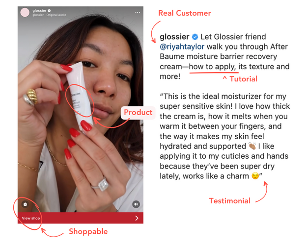 Glossier UGC video showing a real customer using a product and sharing her testimonial. The UGC post was made shoppable by Glossier. 