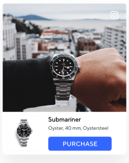 Shoppable UGC – a man's wrist showing off his watch – below the image is the product name and description with a button to purchase 