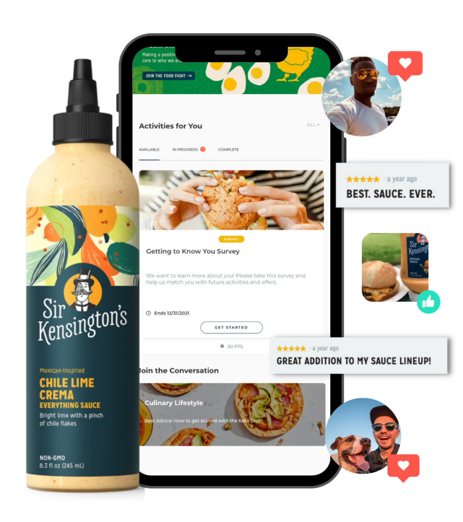 Sir Kensington's collage of their community portal, a product image of their sauce, and reviews from people saying how amazing the sauce is.