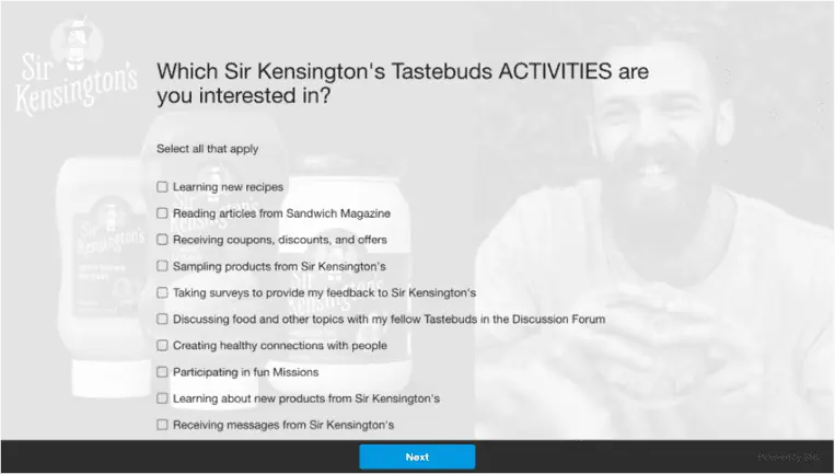 Sir Kensington's survey asking consumers what activities they're interested in 